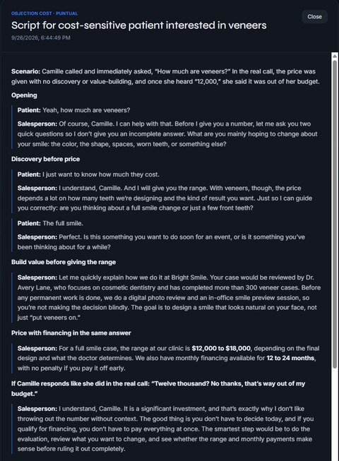 A puntual script generated from that call in Earlink Calls: the scenario, then an opening, discovery before price, building value, and the price range given together with financing, written as patient and salesperson lines.